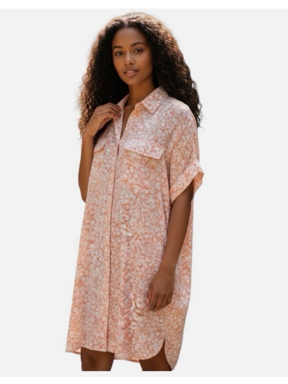 Lost + Wander Peach Pick Me Up In the Desert Button-Up Rayon Tunic/Shirt  Dress